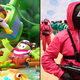 Side-by-side pictures of Fall Guys' beans and a machinegun-wielding guard from Squid Game.